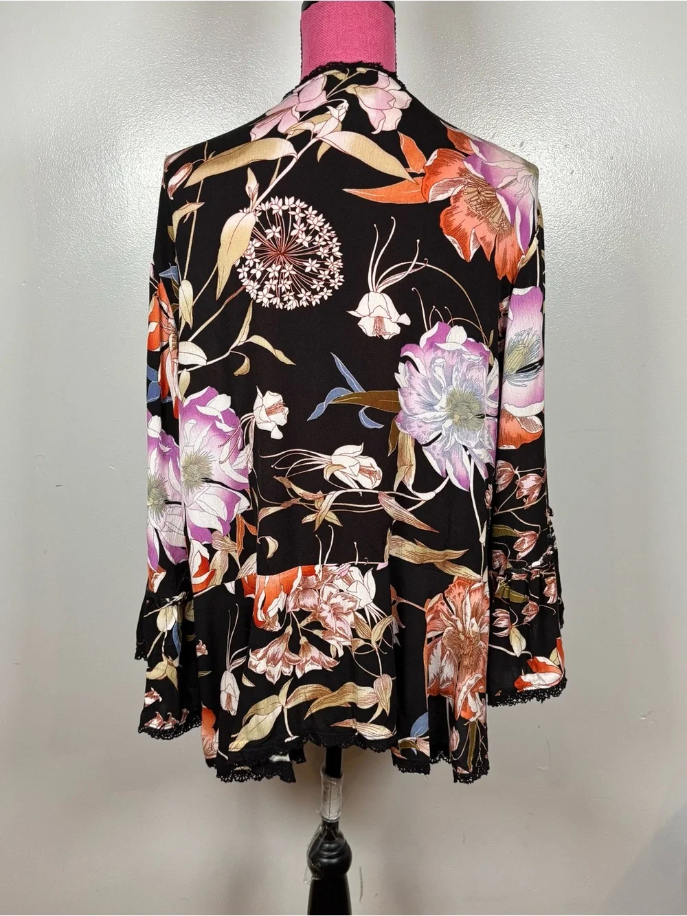 Knox Rose Open Kimono Cardigan Cover Up Sz XL Black Floral Boho 3/4 Bell Sleeve